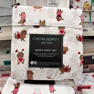 Viral Cynthia Rowley dachshund Queen Sheet Set - White with Pink and Brown Dogs
